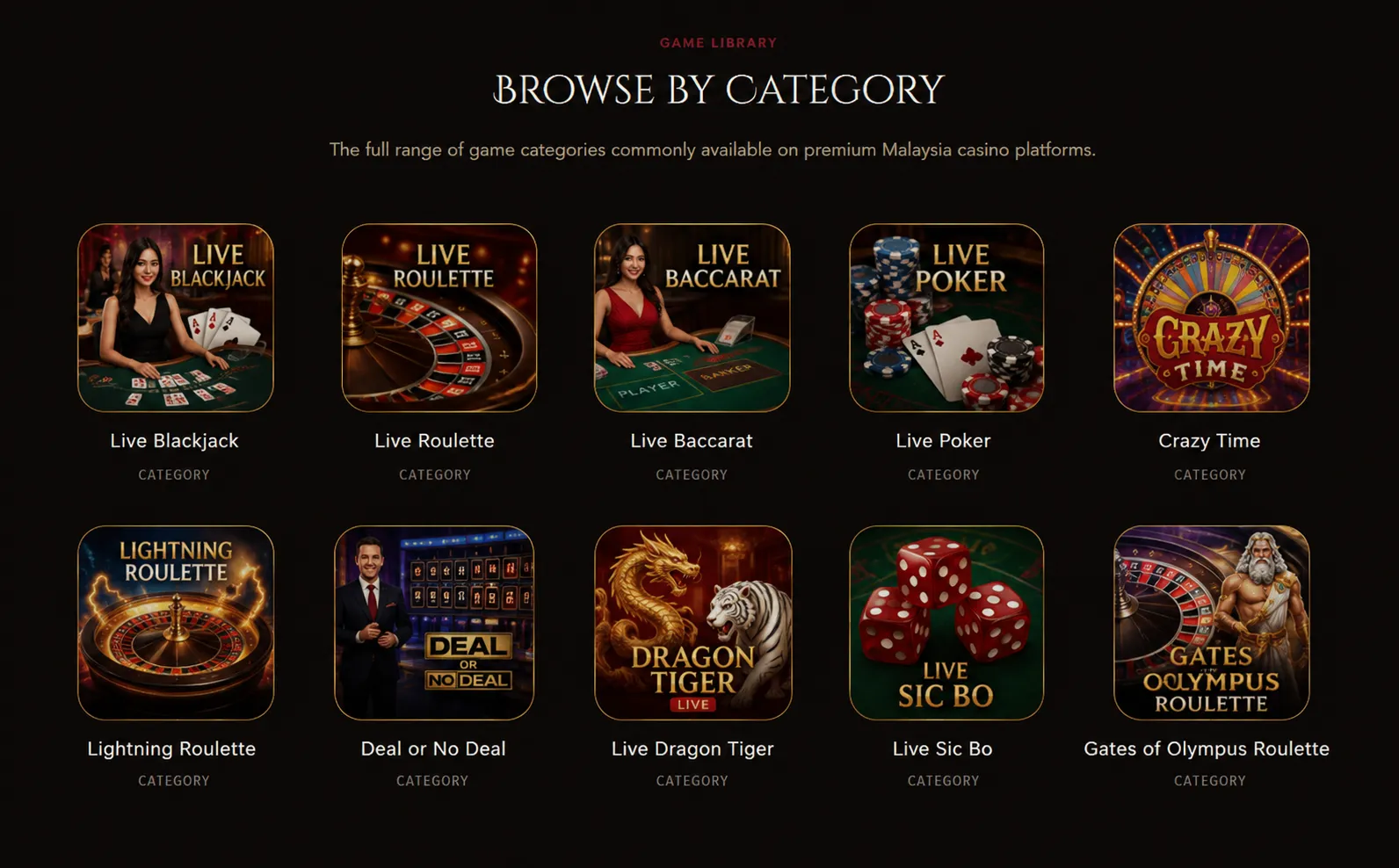 Browse casino game categories including blackjack, roulette, baccarat, poker and live games
